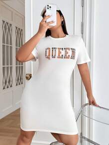 SHEIN EZwear 大碼字母圖案緊身連衣裙 - 白色 - 查看 3