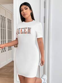 SHEIN EZwear 大碼字母圖案緊身連衣裙 - 白色 - 查看 5