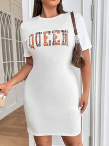 SHEIN EZwear 大碼字母圖案緊身連衣裙 - 白色 - 查看 6