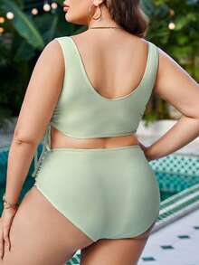 SHEIN Swim Curve Conjunto de bikini de talla grande con estampado floral pequeño y cordón lateral, ideal para verano y playa - Verde - Ver 3