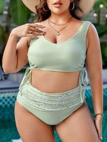 SHEIN Swim Curve Conjunto de bikini de talla grande con estampado floral pequeño y cordón lateral, ideal para verano y playa - Verde - Ver 4