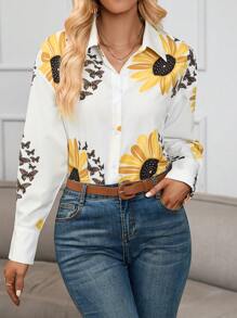 SHEIN Privé Camisa con estampado de girasol de hombros caídos - Blanco - Ver 1