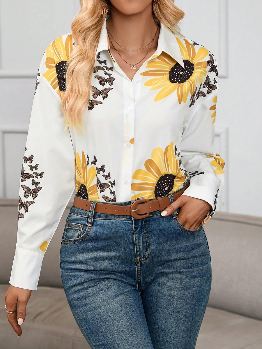 SHEIN Privé Camisa con estampado de girasol de hombros caídos - Blanco - Ver 1