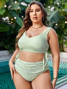 SHEIN Swim Curve Conjunto de bikini de talla grande con estampado floral pequeño y cordón lateral, ideal para verano y playa - Verde - Ver 5