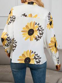 SHEIN Privé Camisa con estampado de girasol de hombros caídos - Blanco - Ver 2