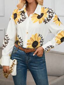SHEIN Privé Camisa con estampado de girasol de hombros caídos - Blanco - Ver 3