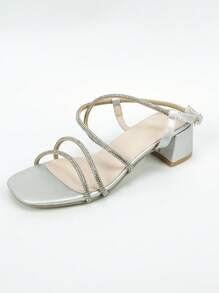 女士水鑽裝飾粗跟露跟涼鞋，迷人銀色涼鞋 - 銀色 - 查看 5