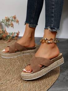 Xăng-đan trượt đế nêm Criss Cross Espadrille dành cho nữ, Xăng-đan đi nghỉ mùa hè - màu nâu - Xem 3