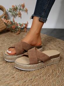 Xăng-đan trượt đế nêm Criss Cross Espadrille dành cho nữ, Xăng-đan đi nghỉ mùa hè - màu nâu - Xem 5