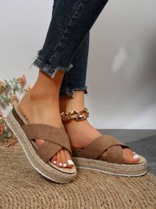 Xăng-đan trượt đế nêm Criss Cross Espadrille dành cho nữ, Xăng-đan đi nghỉ mùa hè - màu nâu - Xem 6