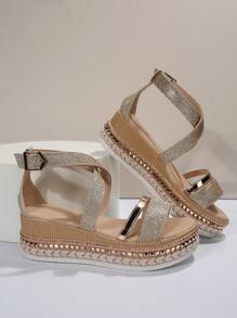 女式金屬細節踝帶坡跟涼鞋，度假夏日亮片涼鞋 - 杏色 - 查看 3