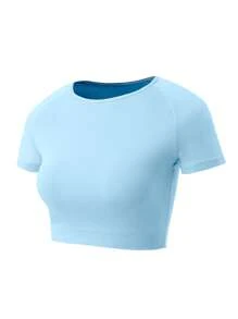 SHEIN Sports 字母图案短款运动背心 修身衬衫 运动背心 - 藍色 - 查看 3