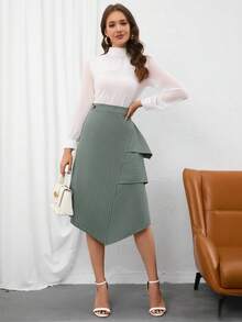 SHEIN BIZwear Striped Print Asymmetrical Hem Skirt - Green - View 3