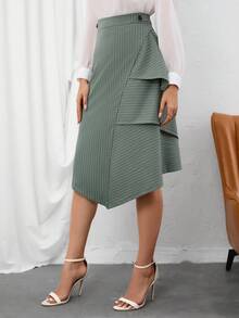 SHEIN BIZwear Striped Print Asymmetrical Hem Skirt - Green - View 5