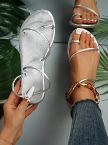 女式金屬趾環平底涼鞋，夏季迷人銀色夾趾涼鞋 - 銀色 - 查看 1