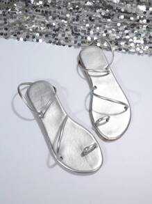 女式金屬趾環平底涼鞋，夏季迷人銀色夾趾涼鞋 - 銀色 - 查看 3