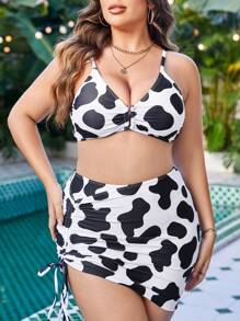 SHEIN Swim Curve Plus Size Cow Print Bikini Set With Beach Skirt Summer Beach - Black and White - View 3
