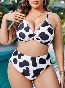 SHEIN Swim Curve Plus Size Cow Print Bikini Set With Beach Skirt Summer Beach - Black and White - View 4