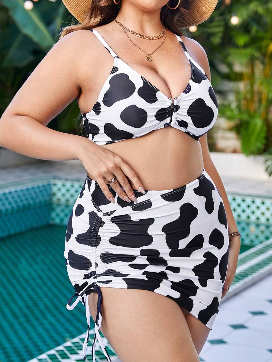 SHEIN Swim Curve Plus Size Cow Print Bikini Set With Beach Skirt Summer Beach - Black and White - View 1