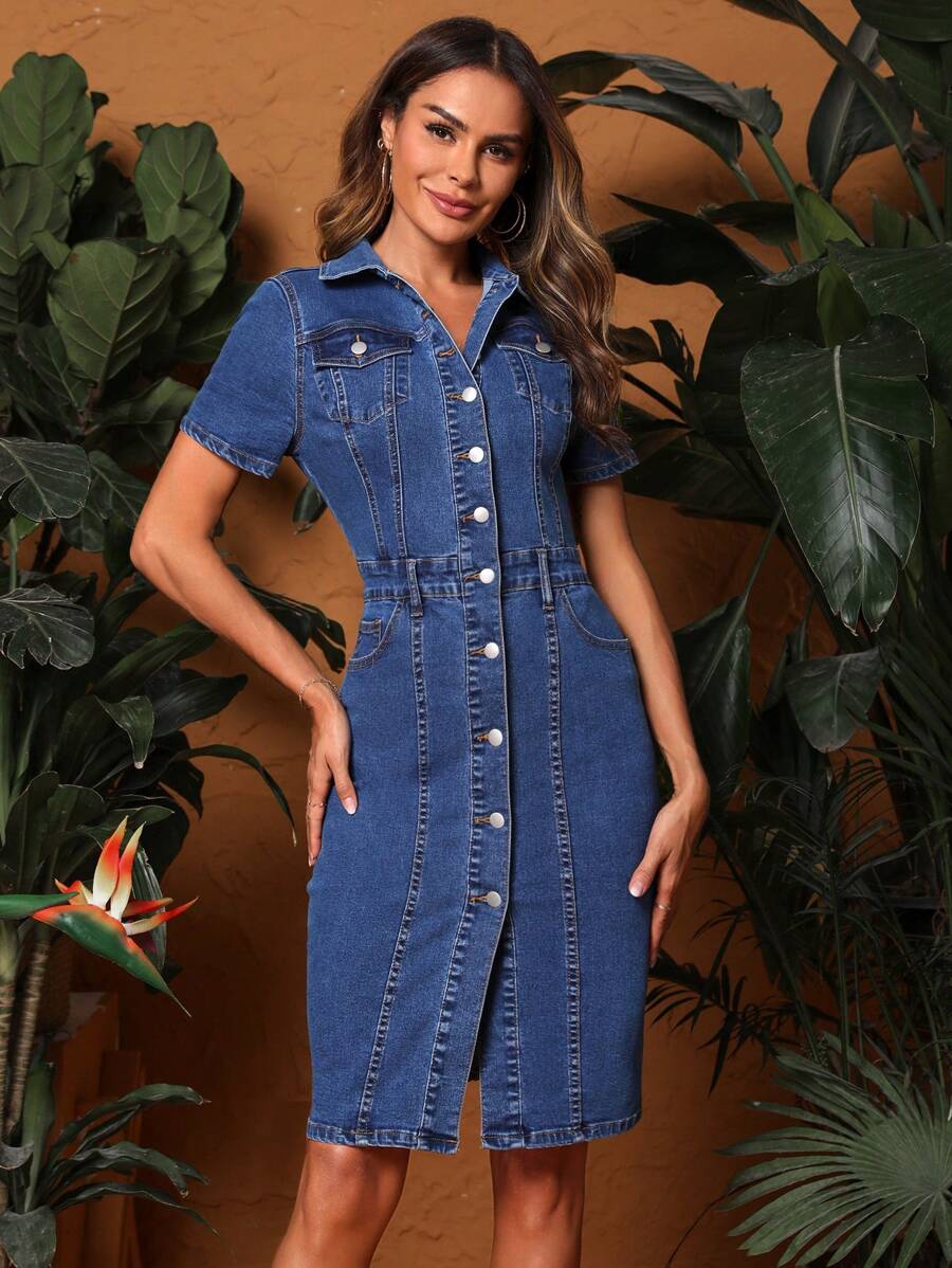 SHEIN LUNE 翻蓋口袋前紐扣牛仔裙 - 中等水洗藍 - 查看 1