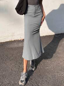 DAZY Solid Split Back Mermaid Hem Skirt - Grey - View 3