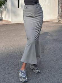 DAZY Solid Split Back Mermaid Hem Skirt - Grey - View 7