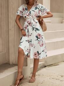 SHEIN LUNE 印花蝴蝶袖繫腰帶連衣裙 - 白色 - 查看 1