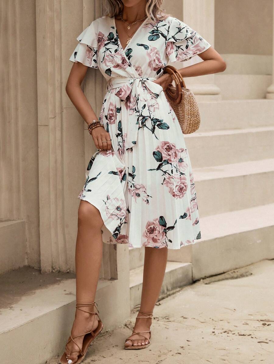 SHEIN LUNE 印花蝴蝶袖繫腰帶連衣裙 - 白色 - 查看 1