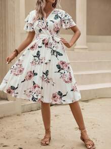 SHEIN LUNE 印花蝴蝶袖繫腰帶連衣裙 - 白色 - 查看 5