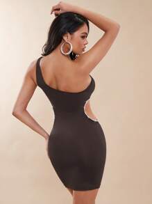 SHEIN BAE Đầm Cắt ra Pha lê kim cương màu trơn Gợi cảm - Màu nâu Sô-cô-la - Xem 2