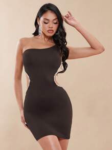 SHEIN BAE Đầm Cắt ra Pha lê kim cương màu trơn Gợi cảm - Màu nâu Sô-cô-la - Xem 3