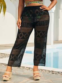 Plus Hollow Out Crochet Cover Up Pants - Black - View 1