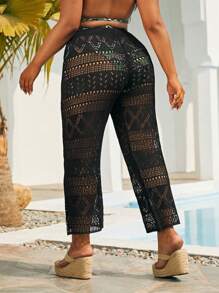 Plus Hollow Out Crochet Cover Up Pants - Black - View 2