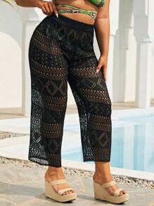 Plus Hollow Out Crochet Cover Up Pants - Black - View 3
