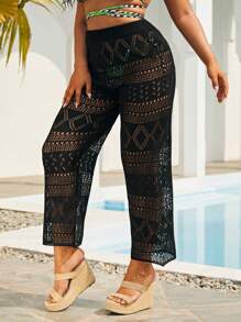 Plus Hollow Out Crochet Cover Up Pants - Black - View 6