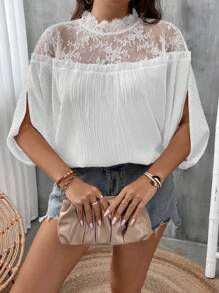 SHEIN Clasi Plus Contrast Lace Mock Neck Split Sleeve Blouse