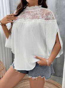 SHEIN Clasi Plus Contrast Lace Mock Neck Split Sleeve Blouse