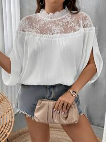 SHEIN Clasi Plus Contrast Lace Mock Neck Split Sleeve Blouse