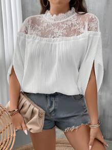 SHEIN Clasi Plus Contrast Lace Mock Neck Split Sleeve Blouse