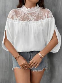SHEIN Clasi Plus Contrast Lace Mock Neck Split Sleeve Blouse