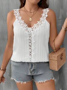 SHEIN LUNE Plus Guipure Lace Panel Cami Top - White - View 5