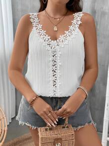 SHEIN LUNE Plus Guipure Lace Panel Cami Top - White - View 4