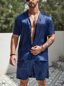 Manfinity Homme Men Leopard Jacquard Shirt & Shorts - Navy Blue - View 1