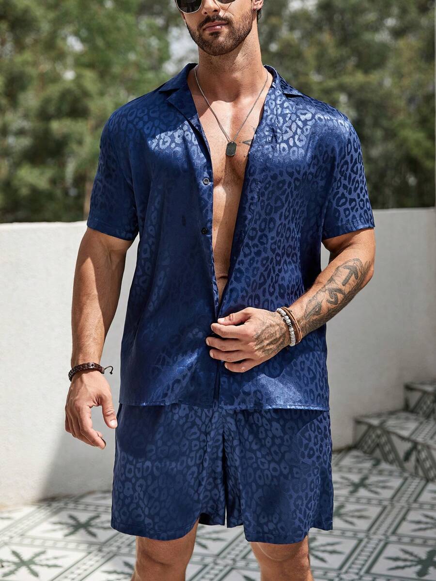 Manfinity Homme Men Leopard Jacquard Shirt & Shorts - Navy Blue - View 1