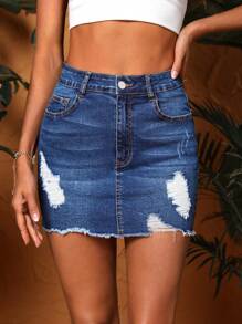 SHEIN Essnce Ripped Raw Hem Denim Skirt - Dark Wash - View 2