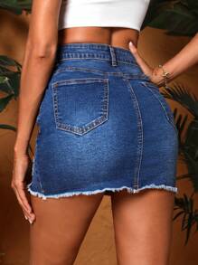 SHEIN Essnce Ripped Raw Hem Denim Skirt - Dark Wash - View 3