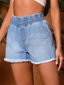 SHEIN Essnce 毛邊牛仔短褲 - 淺色水洗藍 - 查看 3