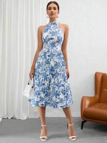 Aveloria Modichic Floral Print Halter Neck Dress - Blue and White - View 1