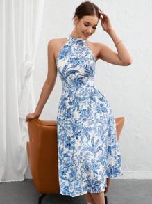 Aveloria Modichic Floral Print Halter Neck Dress - Blue and White - View 3