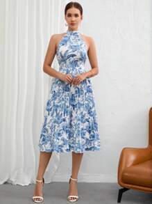 Aveloria Modichic Floral Print Halter Neck Dress - Blue and White - View 4